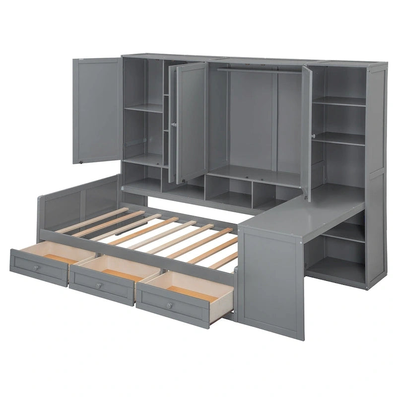 Wooden Daybed Frame All-in-One Bookcase Captains Bed with Storage Cabinet, Wardrobe, Side Writing Desk and 3 Bottom Drawers