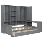 Wooden Daybed Frame All-in-One Bookcase Captains Bed with Storage Cabinet, Wardrobe, Side Writing Desk and 3 Bottom Drawers
