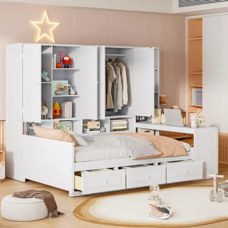 Wooden Daybed Frame All-in-One Bookcase Captains Bed with Storage Cabinet, Wardrobe, Side Writing Desk and 3 Bottom Drawers