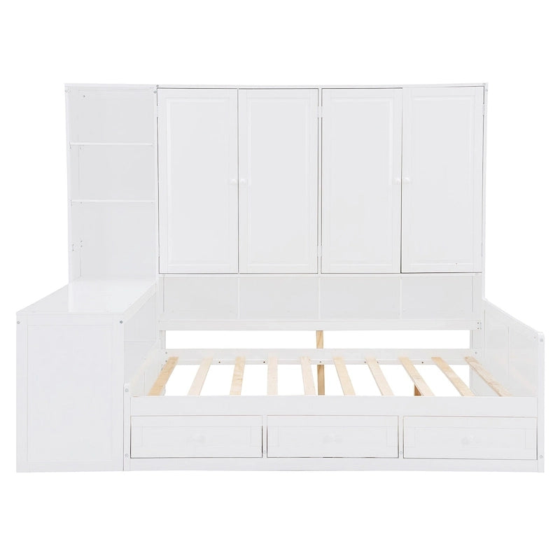Wooden Daybed Frame All-in-One Bookcase Captains Bed with Storage Cabinet, Wardrobe, Side Writing Desk and 3 Bottom Drawers