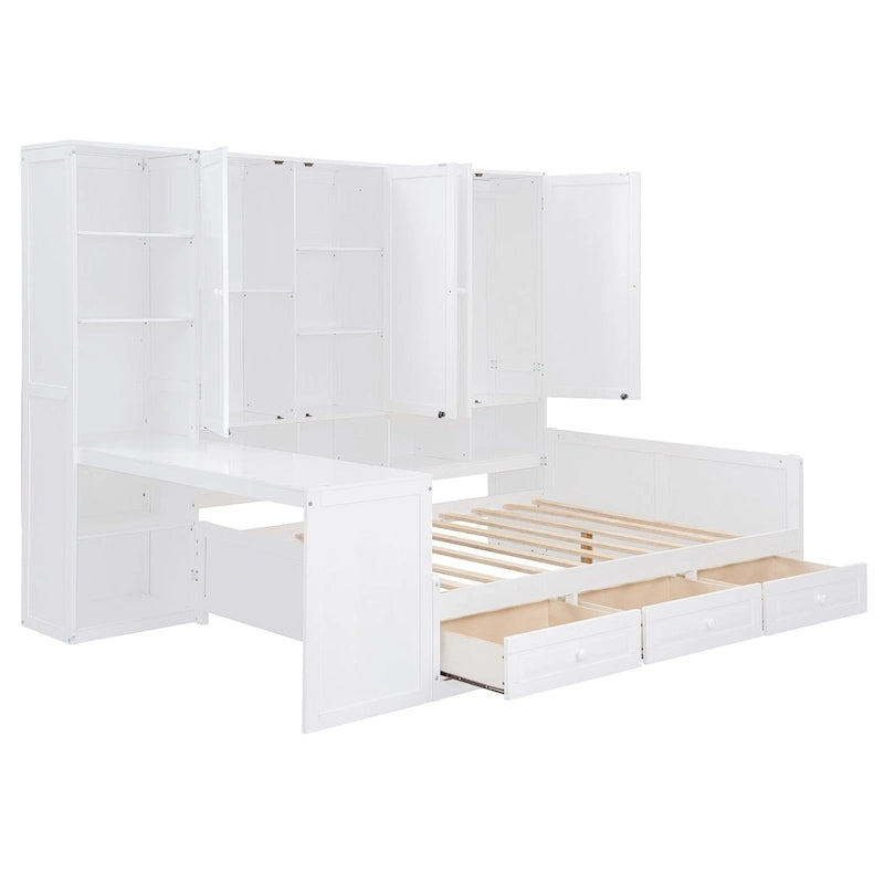 Wooden Daybed Frame All-in-One Bookcase Captains Bed with Storage Cabinet, Wardrobe, Side Writing Desk and 3 Bottom Drawers