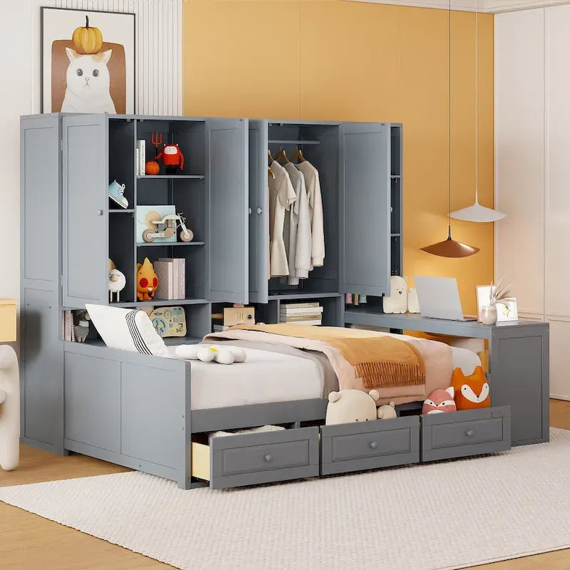 Wooden Daybed Frame All-in-One Bookcase Captains Bed with Storage Cabinet, Wardrobe, Side Writing Desk and 3 Bottom Drawers