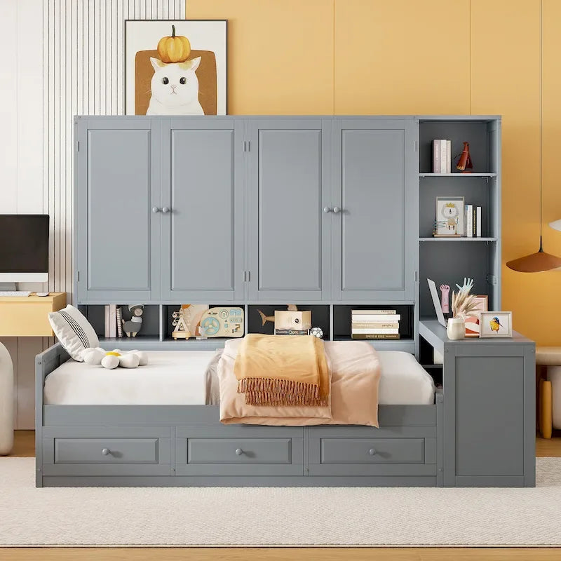 Wooden Daybed Frame All-in-One Bookcase Captains Bed with Storage Cabinet, Wardrobe, Side Writing Desk and 3 Bottom Drawers