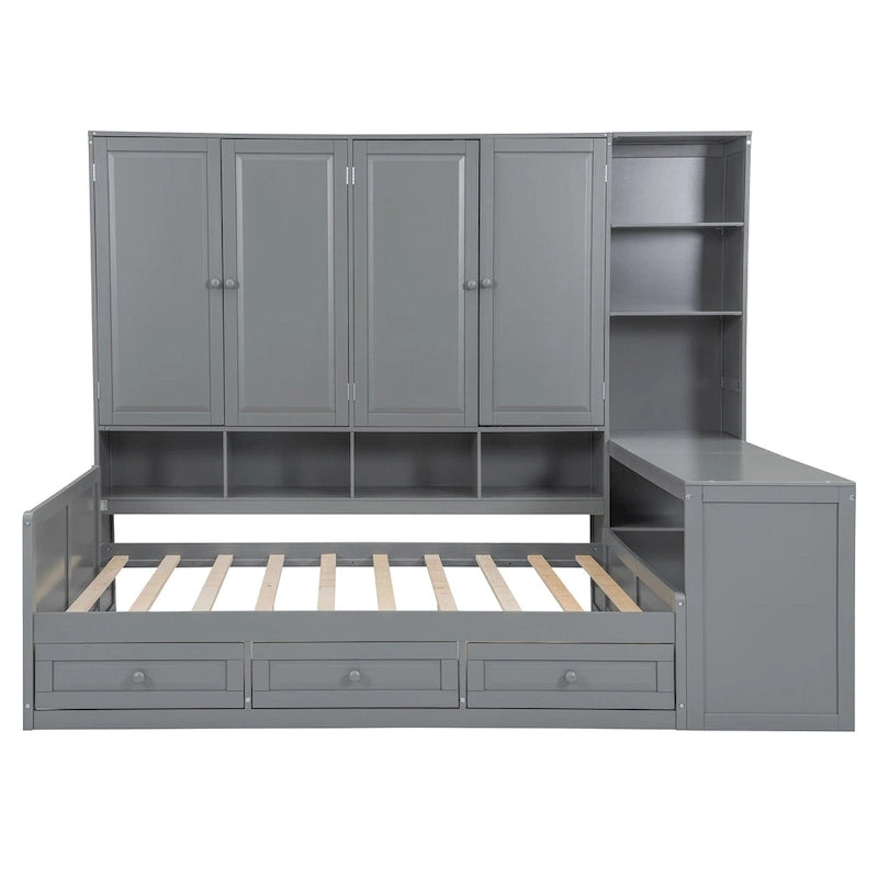 Wooden Daybed Frame All-in-One Bookcase Captains Bed with Storage Cabinet, Wardrobe, Side Writing Desk and 3 Bottom Drawers