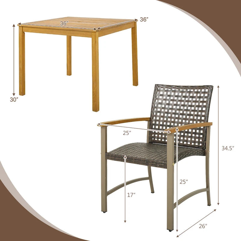 Gymax 5 PCS Patio Dining Set Acacia Wood Table w/ 1.9 Umbrella Hole