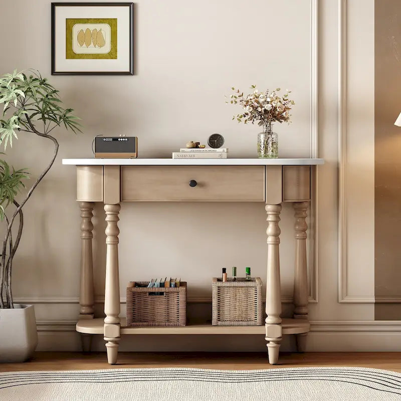 Retro Narrow Console Table with Curved Corner, Top Drawer & Open Shelf