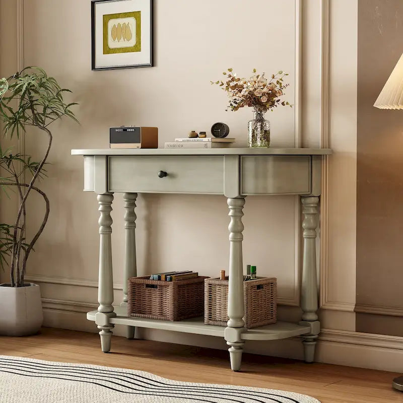 Retro Narrow Console Table with Curved Corner, Top Drawer & Open Shelf