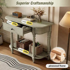 Retro Narrow Console Table with Curved Corner, Top Drawer & Open Shelf