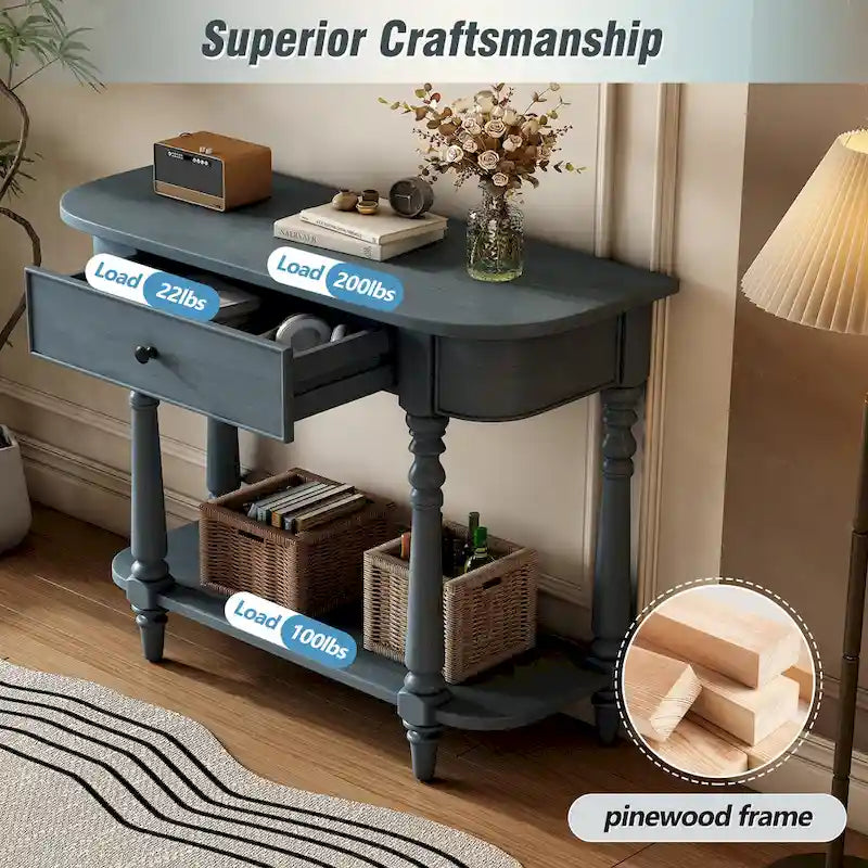Retro Narrow Console Table with Curved Corner, Top Drawer & Open Shelf