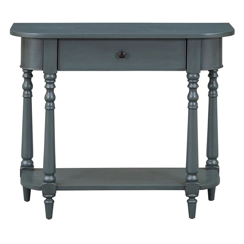 Retro Narrow Console Table with Curved Corner, Top Drawer & Open Shelf