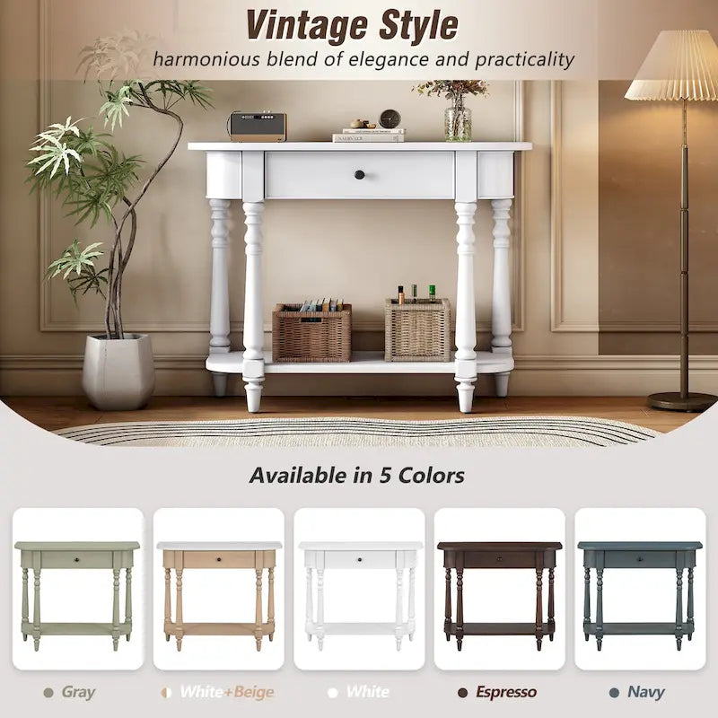 Retro Narrow Console Table with Curved Corner, Top Drawer & Open Shelf