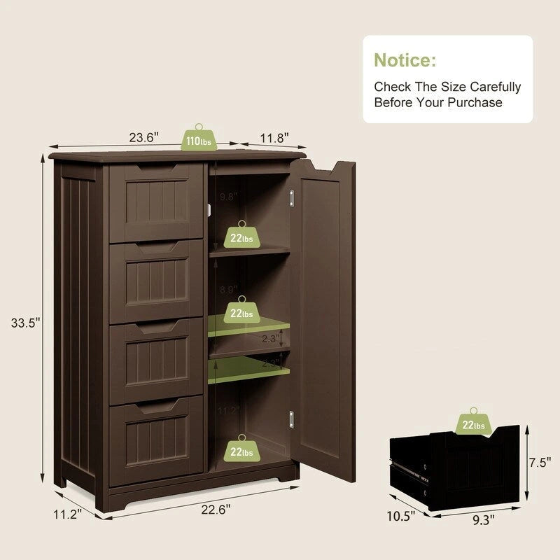 33 Kitchen Pantry Storage Cabinet , Freestanding Wooden Bathroom Storage Cabinet with 4 Drawers for Kitchen and Dining Room