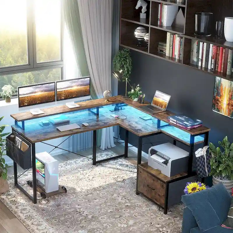 L Shaped Desk with File Drawer and Printer Stand, Reversible Corner Computer Desk with Power Outlet and LED Strip