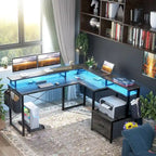 L Shaped Desk with File Drawer and Printer Stand, Reversible Corner Computer Desk with Power Outlet and LED Strip