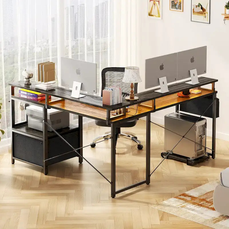 L Shaped Desk with File Drawer and Printer Stand, Reversible Corner Computer Desk with Power Outlet and LED Strip