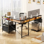 L Shaped Desk with File Drawer and Printer Stand, Reversible Corner Computer Desk with Power Outlet and LED Strip