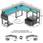 L Shaped Desk with File Drawer and Printer Stand, Reversible Corner Computer Desk with Power Outlet and LED Strip