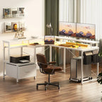 L Shaped Desk with File Drawer and Printer Stand, Reversible Corner Computer Desk with Power Outlet and LED Strip