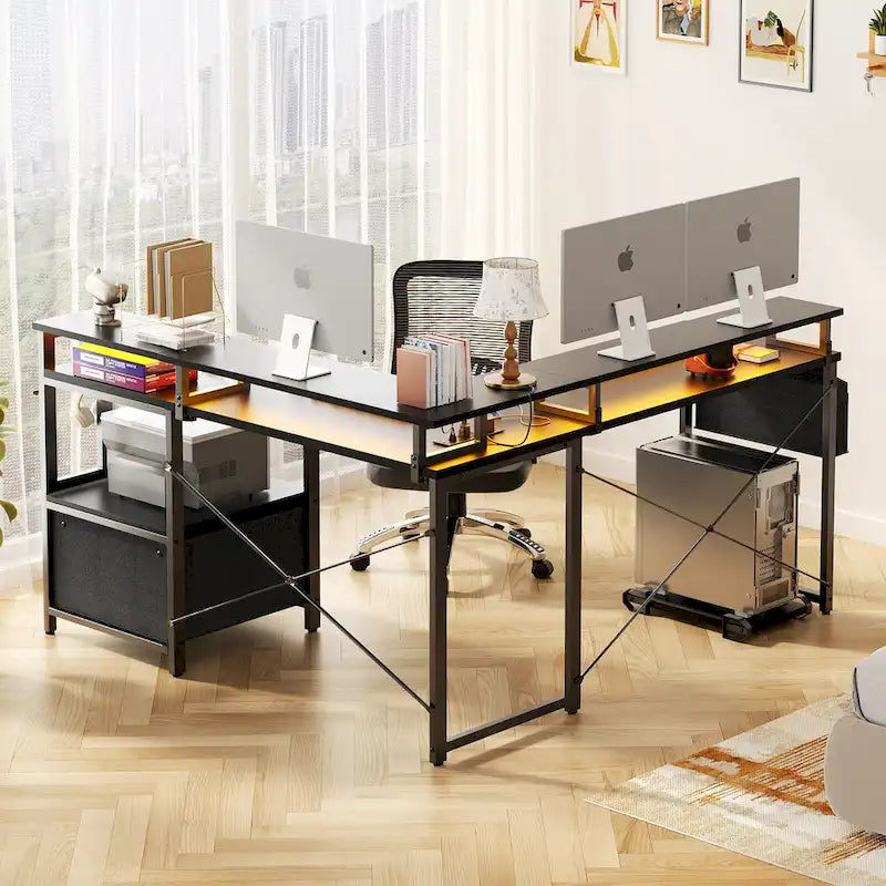 L Shaped Desk with File Drawer and Printer Stand, Reversible Corner Computer Desk with Power Outlet and LED Strip