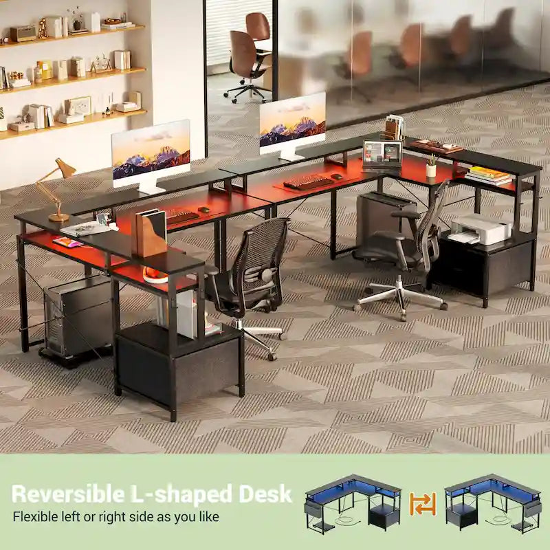 L Shaped Desk with File Drawer and Printer Stand, Reversible Corner Computer Desk with Power Outlet and LED Strip
