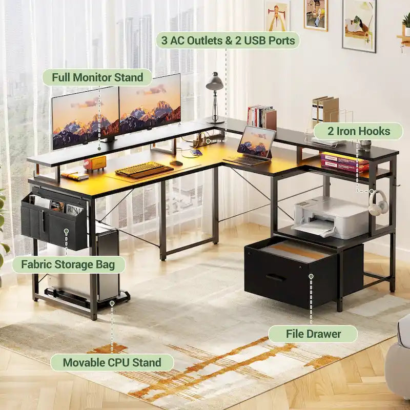 L Shaped Desk with File Drawer and Printer Stand, Reversible Corner Computer Desk with Power Outlet and LED Strip