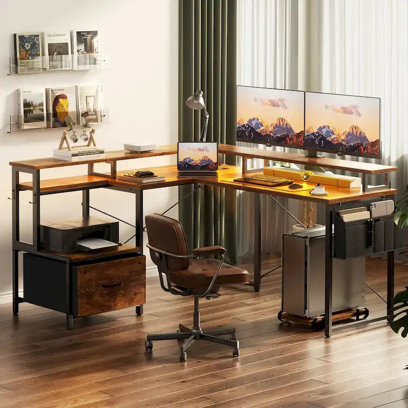 L Shaped Desk with File Drawer and Printer Stand, Reversible Corner Computer Desk with Power Outlet and LED Strip