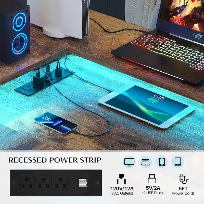 L Shaped Desk with File Drawer and Printer Stand, Reversible Corner Computer Desk with Power Outlet and LED Strip