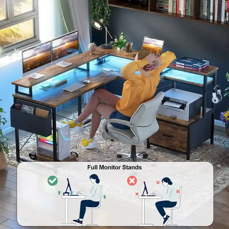 L Shaped Desk with File Drawer and Printer Stand, Reversible Corner Computer Desk with Power Outlet and LED Strip