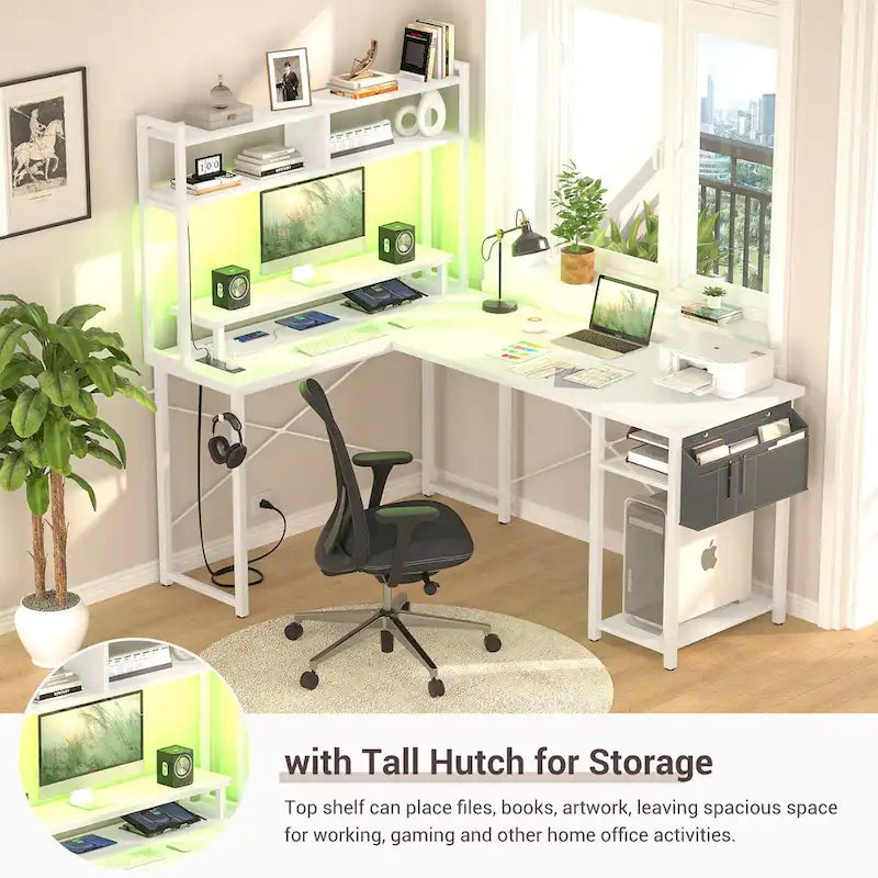 Farmhouse L-shaped Desk with Power Outlet, Gaming Table with Hutch and LED Light