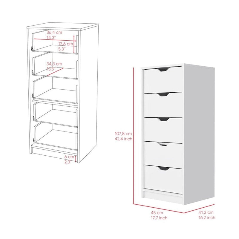 Modern 5 Drawer Chest Vertical Dresser for Bedroom Storage 18 Inch