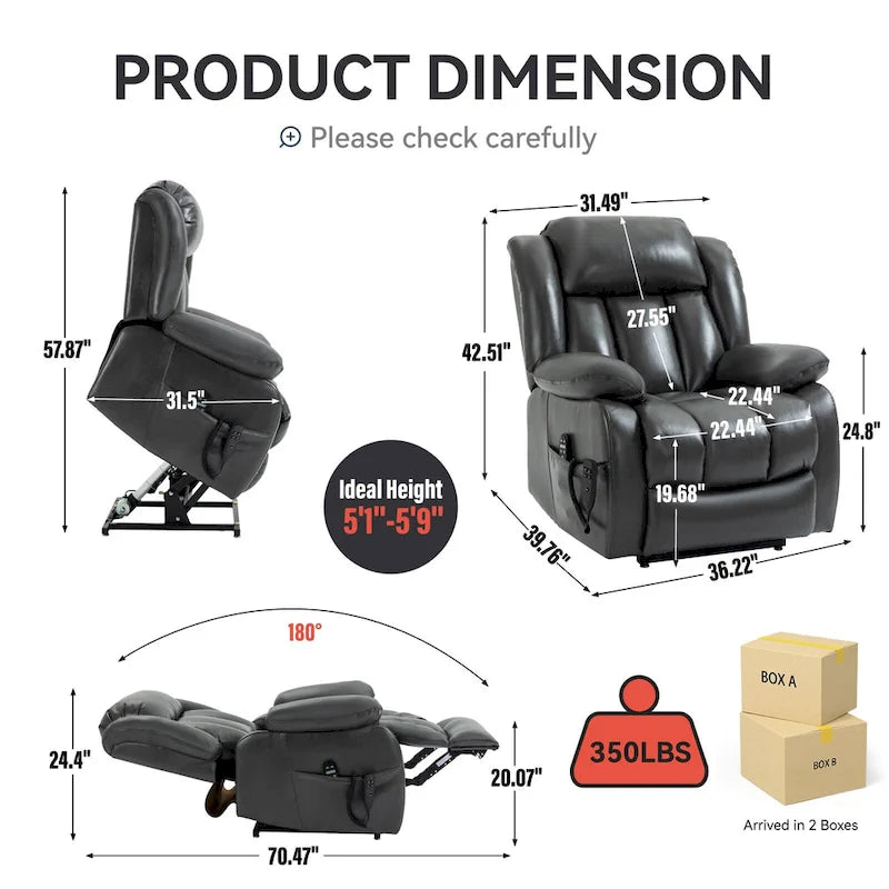 Faux Leather Dual Motor Power Lift Recliner Chair for Elderly,  Single Massage Sofa w/8-Point Vibration & Lumbar Heating