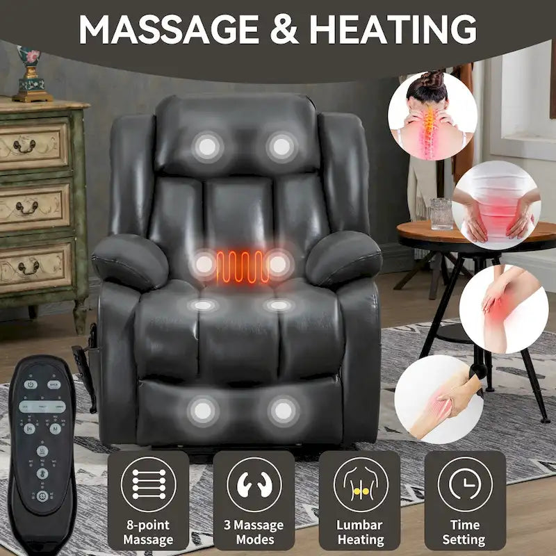 Faux Leather Dual Motor Power Lift Recliner Chair for Elderly,  Single Massage Sofa w/8-Point Vibration & Lumbar Heating