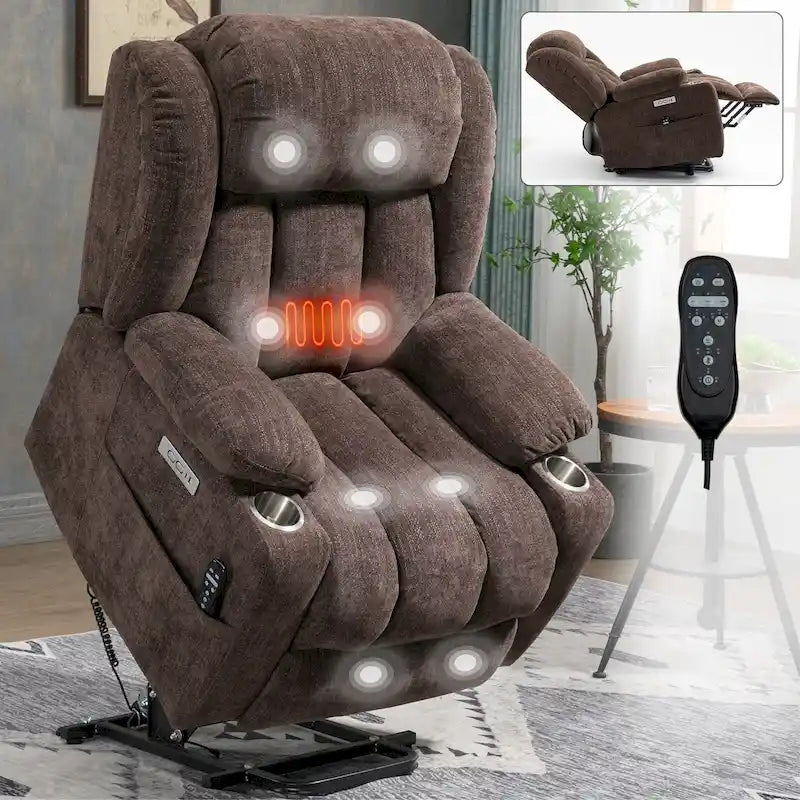 Chenille Power Lift Recliner Chair, Modern Lving Room Single Massage Sofa Chair w/Lumbar Heating, USB and Type-C Ports
