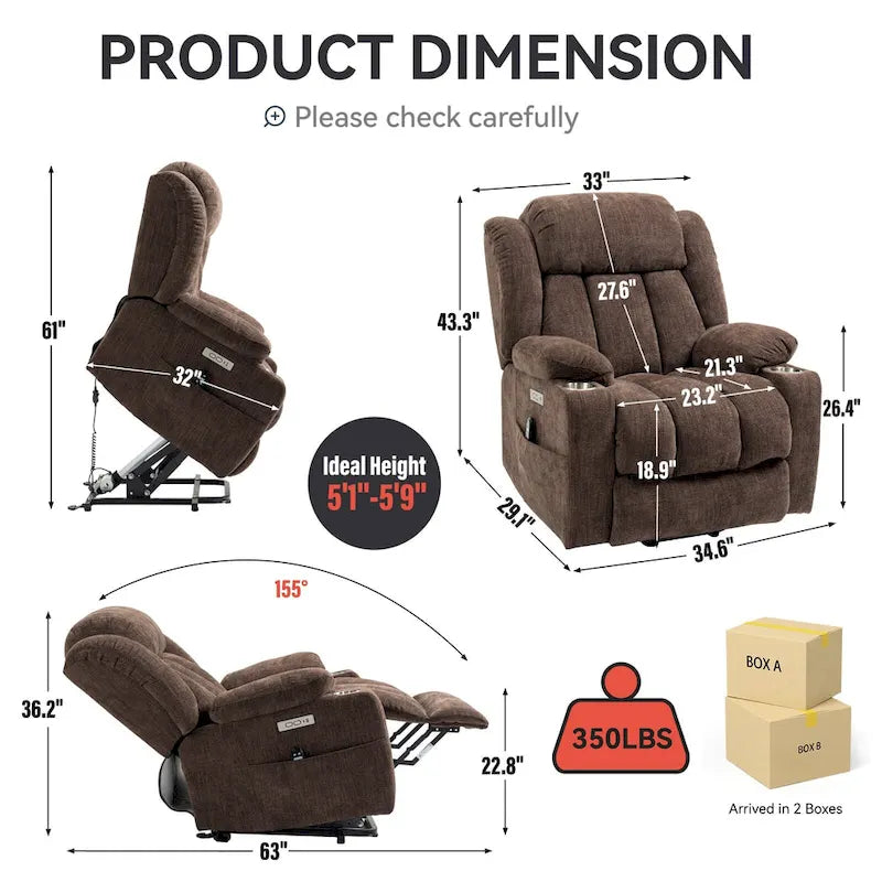 Chenille Power Lift Recliner Chair, Modern Lving Room Single Massage Sofa Chair w/Lumbar Heating, USB and Type-C Ports