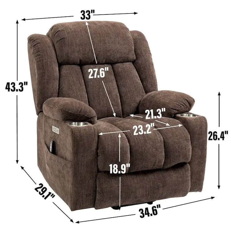 Chenille Power Lift Recliner Chair, Modern Lving Room Single Massage Sofa Chair w/Lumbar Heating, USB and Type-C Ports