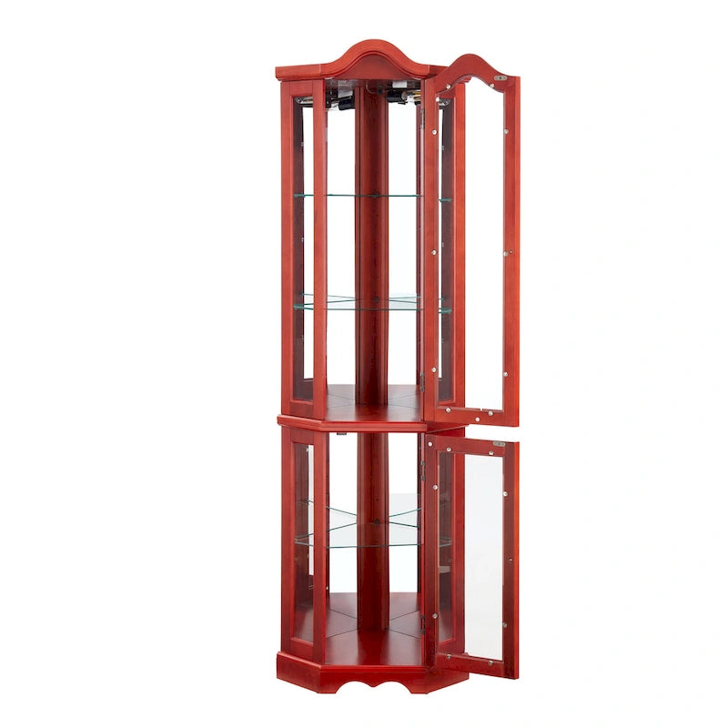 Lighted Corner Curio Cabinet with Tempered Glass Doors & Shelves - Elegant Cherry Display Case with Bulb