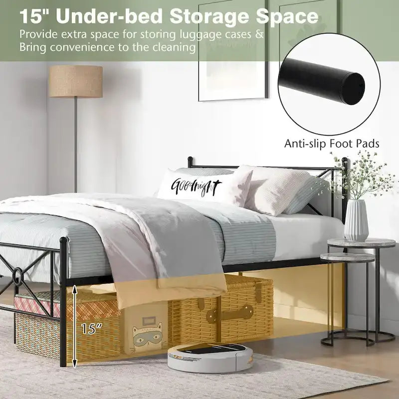 Gymax Full/Queen Size Metal Platform Bed Frame w/ Headboard Mattress