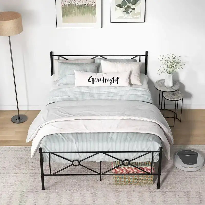 Gymax Full/Queen Size Metal Platform Bed Frame w/ Headboard Mattress