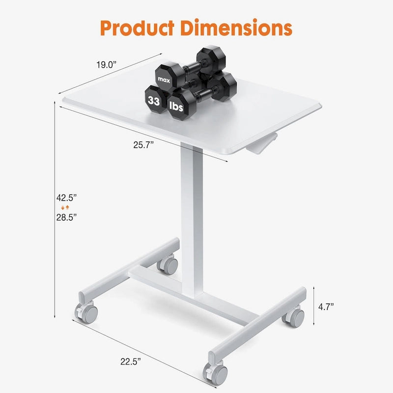 42.5 H Tall Small Standing Desk Mobile Portable Rolling Laptop PC Table Adjustable Height w/ Wheels