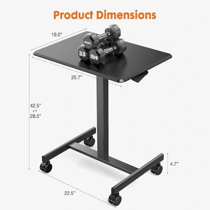 42.5 H Tall Small Standing Desk Mobile Portable Rolling Laptop PC Table Adjustable Height w/ Wheels