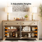 WAMPAT Farmhouse 3PCS Bedroom Set, 59 W Large Sideboard Buffet Cabinet,and Wood Nightstands Set of 2 with Charging Station