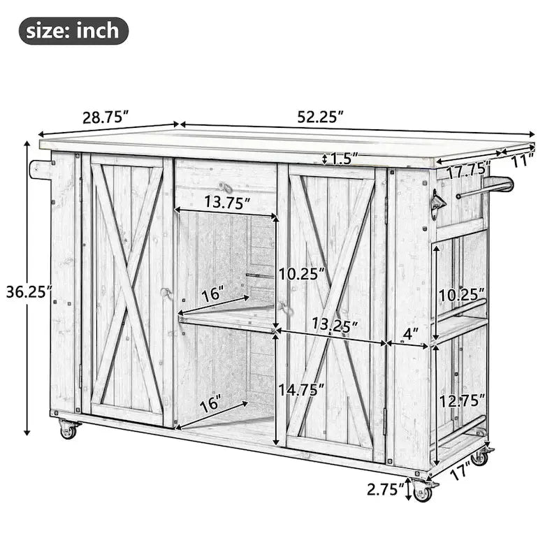 Outdoor Solid Fir Wood Kitchen Island with Stainless Steel Top,Mobile Outdoor Cart with Barn Doors,Drawer