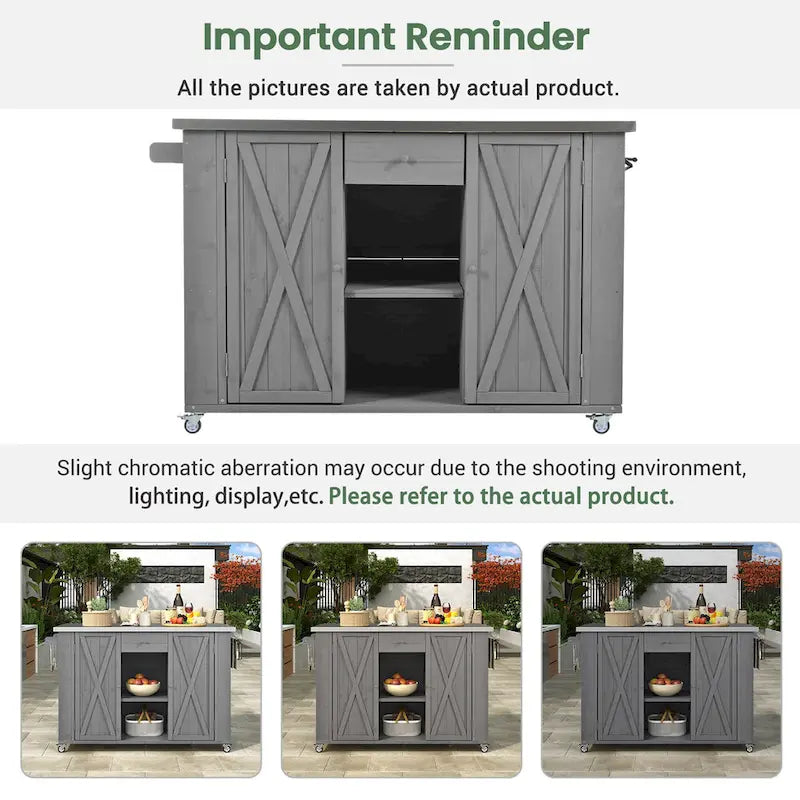 Outdoor Solid Fir Wood Kitchen Island with Stainless Steel Top,Mobile Outdoor Cart with Barn Doors,Drawer
