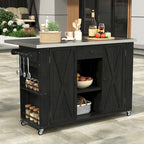 Outdoor Solid Fir Wood Kitchen Island with Stainless Steel Top,Mobile Outdoor Cart with Barn Doors,Drawer