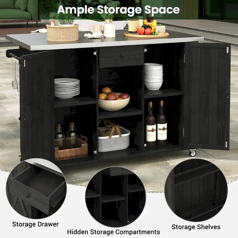 Outdoor Solid Fir Wood Kitchen Island with Stainless Steel Top,Mobile Outdoor Cart with Barn Doors,Drawer