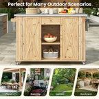 Outdoor Solid Fir Wood Kitchen Island with Stainless Steel Top,Mobile Outdoor Cart with Barn Doors,Drawer