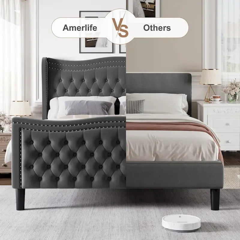 King Size Modern Style Velvet Platform Bed with Upholstered Headboard for Bedroom