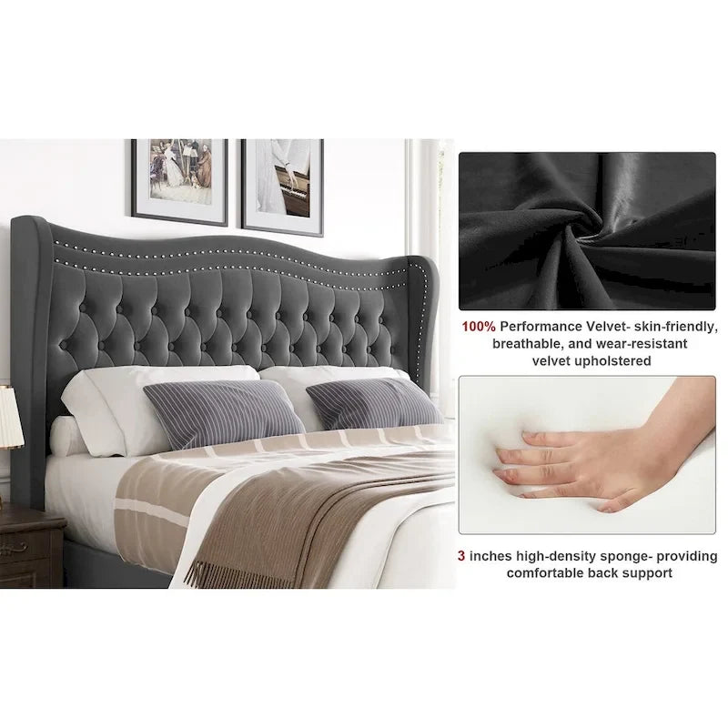 King Size Modern Style Velvet Platform Bed with Upholstered Headboard for Bedroom
