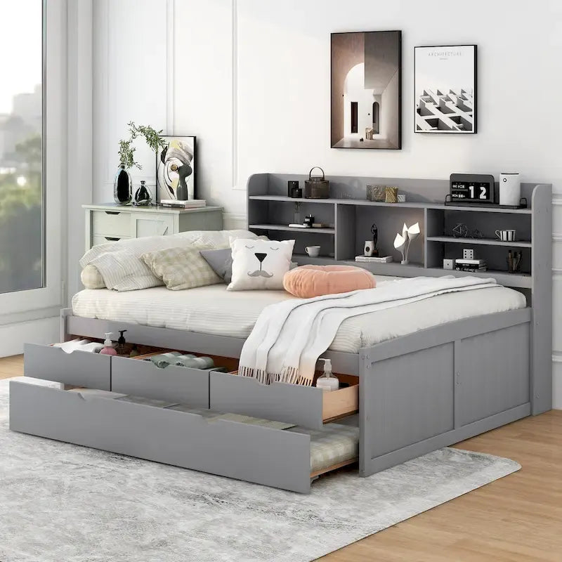 Full Size Wooden Captain Platform Bed with Built-in Bookshelves, Three Storage Drawers and Trundle
