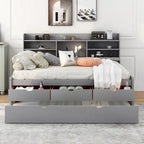 Full Size Wooden Captain Platform Bed with Built-in Bookshelves, Three Storage Drawers and Trundle